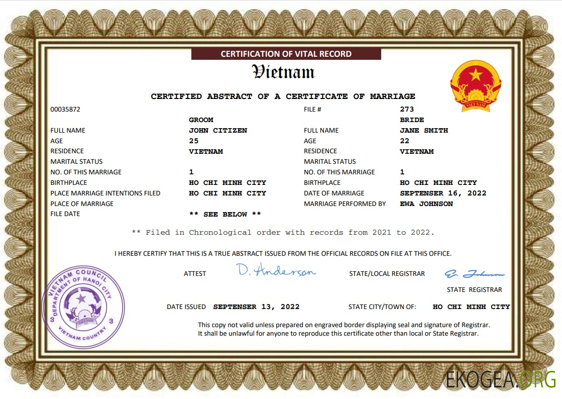 Modèle Word et PDF d'acte de mariage au Vietnam